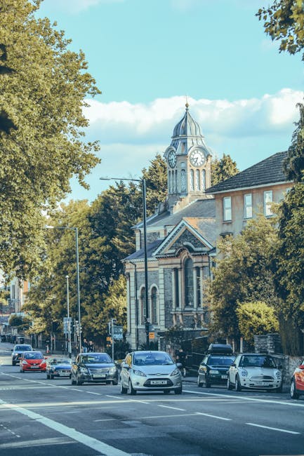 A street scene on Plumstead High Street showing several parked cars along the pavement, with a mixture of modern and older buildings lining the road. In the background, there is a historic clock tower with a domed roof and a spire, situated above a church or civic building, surrounded by tall green trees. The sky is clear with some scattered clouds, and the lighting indicates daytime. This setting illustrates a typical urban environment where house removals and furniture transport services by Man With a Van Plumstead may take place, emphasizing the importance of vehicle access and street awareness during home relocation and packing and moving processes within the area.
