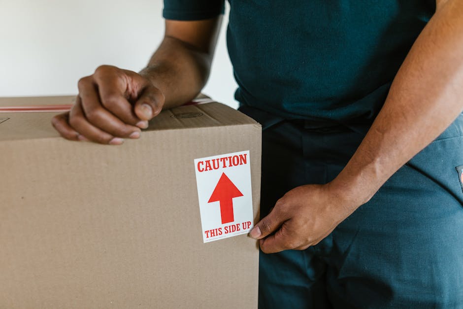Two movers from Man With a Van Plumstead are engaged in the loading process of a home relocation, carefully lifting and positioning a large, green upholstered furniture item into the rear cargo area o