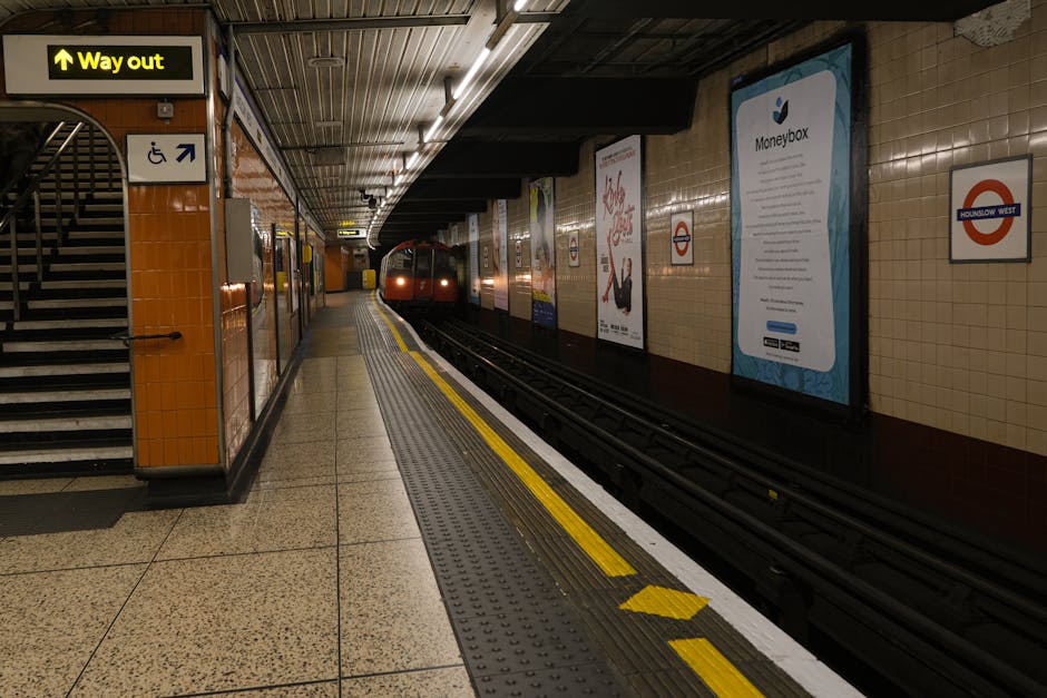Inside a London underground station platform, with beige tiled walls and a metal ceiling, a red train is approaching in the background. On the platform, there are various advertisements on the wall, including a prominent blue Moneybox poster. To the left, a staircase with black handrails leads upward, and there are signs overhead indicating the way out and accessibility options, including a wheelchair symbol. The platform edge is marked with a yellow safety line and tactile paving, while the textured flooring extends along the length of the platform. The scene showcases the typical environment for home relocation or moving logistics, where furniture and boxes may be transported via train, with entry and exit points for loading and unloading, supported by the transport and removal services of Man With a Van Plumstead.